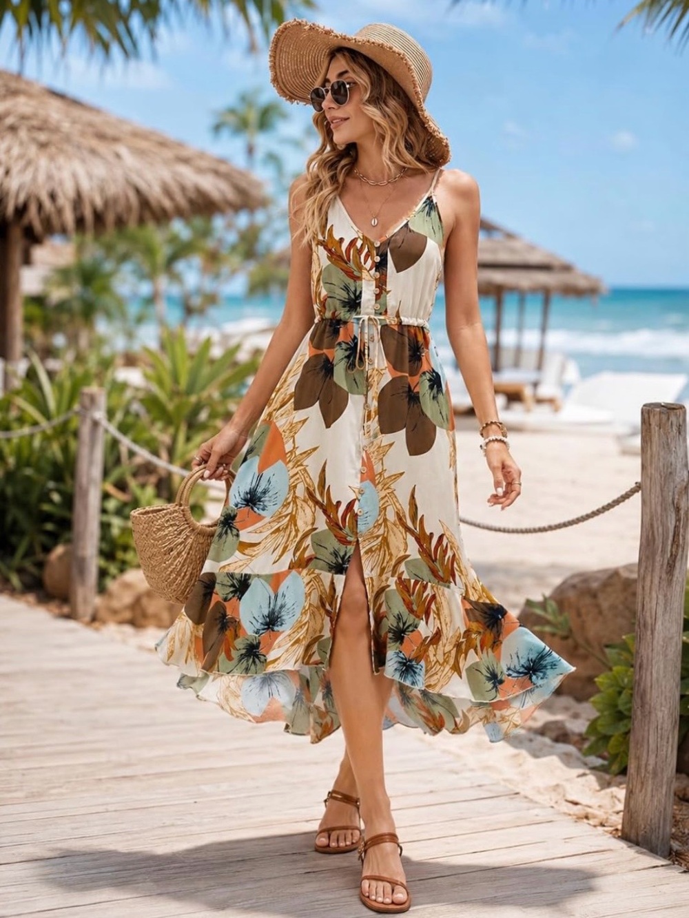 Beautiful BOLD Floral & Leaf Print Glowy Boho Bohemian Sun Dress Sundress Med - Picture 3 of 7